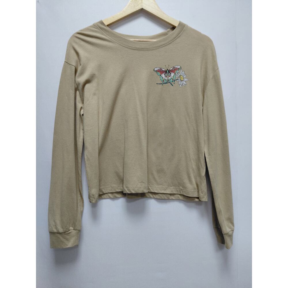 Rebellious One Graphic Print Long Sleeve Top Beige Knit Women Size M